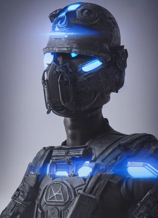 Image similar to concept art of futuristic soldier wearing an armoured facemask, with intricate carving details in black and glowing blue, ultra realistic, octane render, 8 k, hd, realistic lighting, moody, dramatic