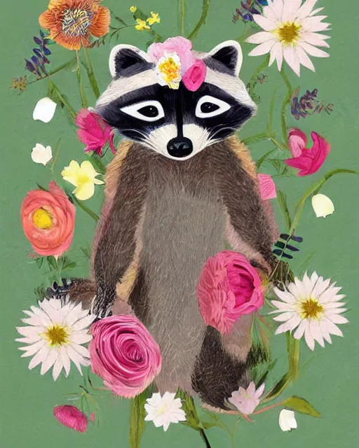 Image similar to a painting of a raccoon wearing a flower crown, a storybook illustration by naomi okubo, pinterest contest winner, furry art, made of flowers, storybook illustration, whimsical, muted colors, white paper background