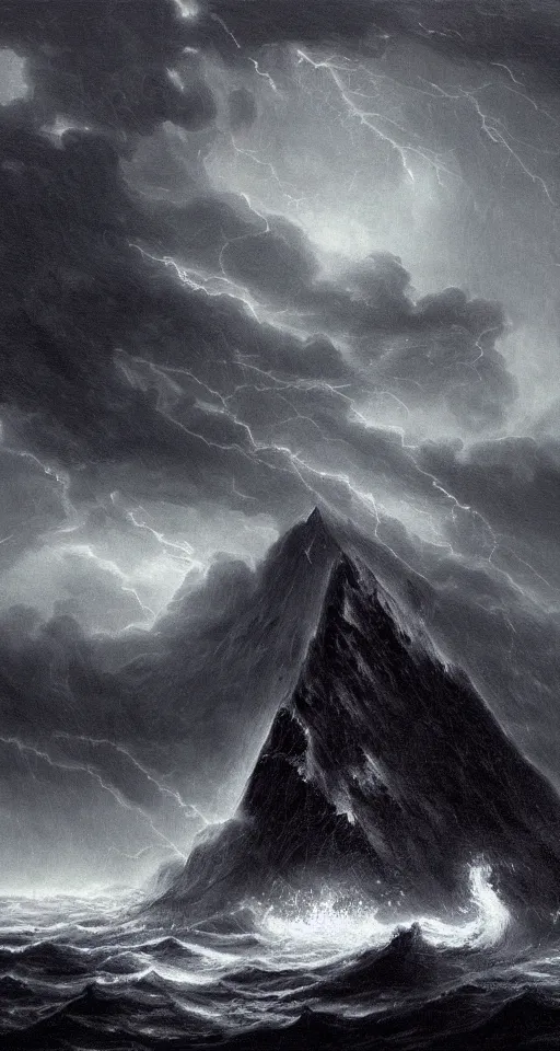 Image similar to black lovecraftian eldritch!! obsidian pyramid!! on a snowy island surrounded by raging stormy seas, with a large shadow of a creature in the background by eugene von guerard, ivan shishkin, night, red lightning!!, storm!, dramatic lighting, concept art, trending on artstation, 8 k