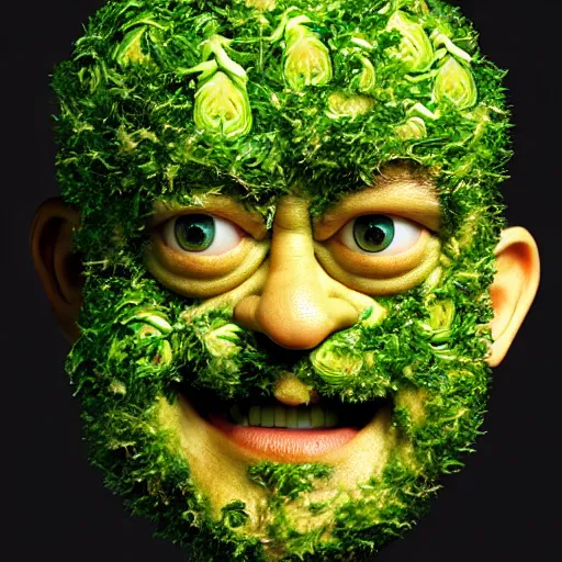 Prompt: a face made of brussels sprouts made of tom hanks, 8 k, trending on artstation, 8 0 mm photography, hyperrealistic