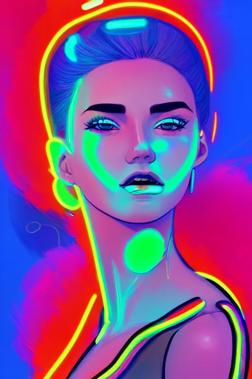 Image similar to a award winning portrait of a beautiful woman with stunning eyes in a one off shoulder croptop and cargo pants with rainbow colored hair, outlined by whirling illuminated neon lines and fine lines swirling in circles by ilya kuvshinov, digital art, trending on artstation