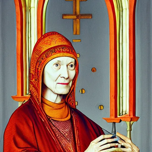 Prompt: A portrait of Hildegard Von Bingen by Juergen Teller, photograph, XF IQ4, 150MP, 50mm, f/1.4, ISO 200, 1/160s, natural light, Adobe Photoshop, Adobe Lightroom, DxO Photolab, Corel PaintShop Pro, rule of thirds