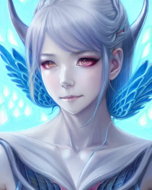 Image similar to character concept art of a woman with ice dragon horns and wings | | very anime, dragon scales, cute - fine - face, pretty face, realistic shaded perfect face, fine details by stanley artgerm lau, wlop, rossdraws, james jean, andrei riabovitchev, marc simonetti, and sakimichan, tranding on artstation