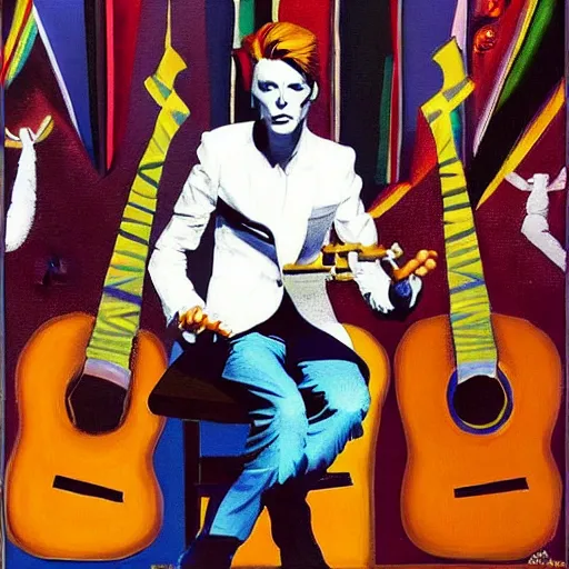 Prompt: a painting of David Bowie, wearing a white suit, sitting on a throne of guitars, in the style of Alex Ross