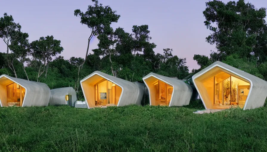 Image similar to A wide image of an eco-community neighborhood of innovative contemporary 3D printed prefab sea ranch style cabins with rounded corners and angles, beveled edges, made of cement and concrete, organic architecture, in a lush green eco community, Designed by Gucci and Wes Anderson, golden hour