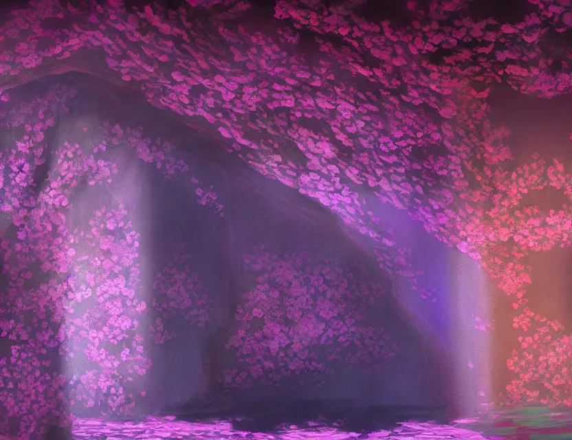 Image similar to vaporwave nightclub in a cherry blossom dripstone cave. oil painting by award - winning concept artist. backlighting, chiaroscuro, field of depth.