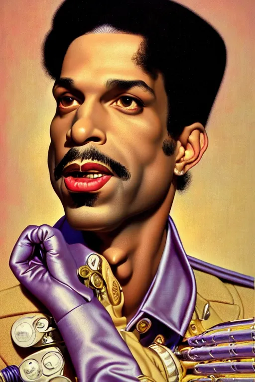 Image similar to prince rogers nelson portrait by gil elvgren and norman rockwell and rob gonsalves and hajime sorayama, hyperrealistic, high detail, ultra detailed, highly detailed face, ruffled fabric