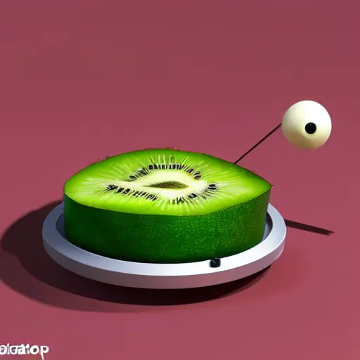 Image similar to a funny turntable with a needle on top of kiwi slice, a low poly render by tim biskup, featured on polycount, computer art, sketchfab, rendered in maya, voxel art