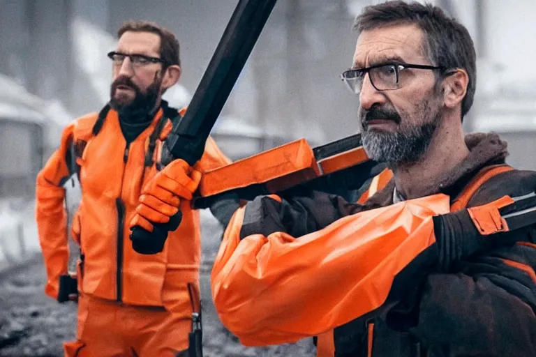 Image similar to vfx movie closeup real life gordon freeman holding wearing futuristic orange and black armor crowbar in russian train yard by emmanuel lubezki