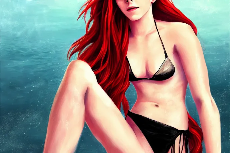 Image similar to Red-haired beauty Emma Watson in a bikini, full body, full height , highly detailed, mid-shot ,pixiv , digital painting , concept art