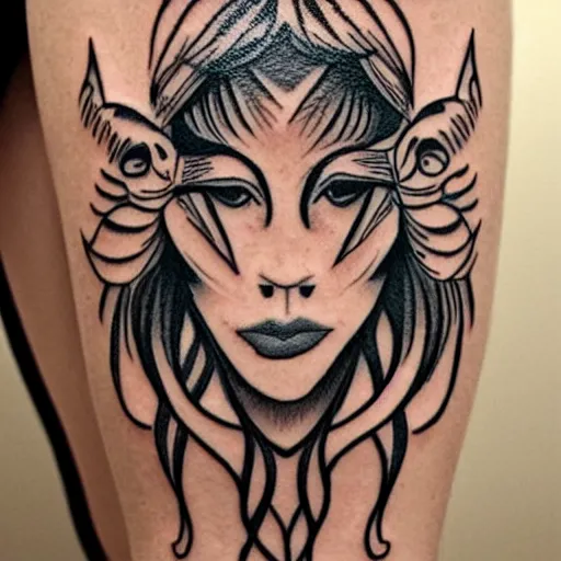 Image similar to tattoo design of a beautiful girl face, above the girls head there is a tiger head, hyper detailed, in the design of eliot kohek