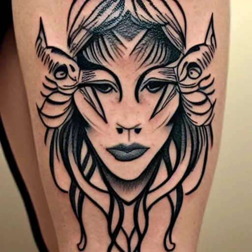 Prompt: tattoo design of a beautiful girl face, above the girls head there is a tiger head, hyper detailed, in the design of eliot kohek