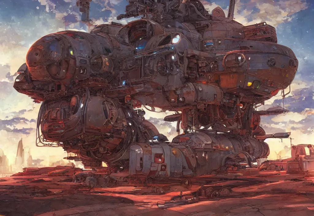 Prompt: old rusting cargo space ship, rusty work spaceship with bolted on upgrades and a glowing engine in deep space illustrated by greg tocchini, jesper ejsing and makoto shinkai