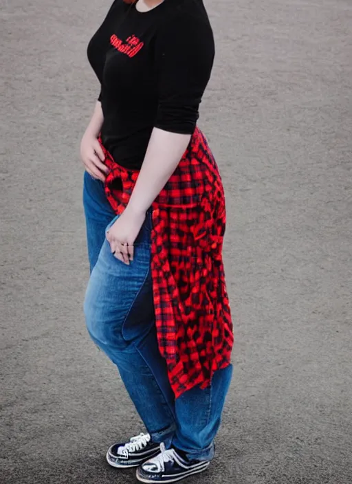 Prompt: photograp of a plus-size redhead woman wearing jeans, black converse shoes, and a red tartan shirt