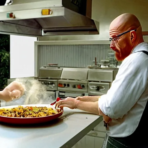 Image similar to walter white cooking chicken realstic