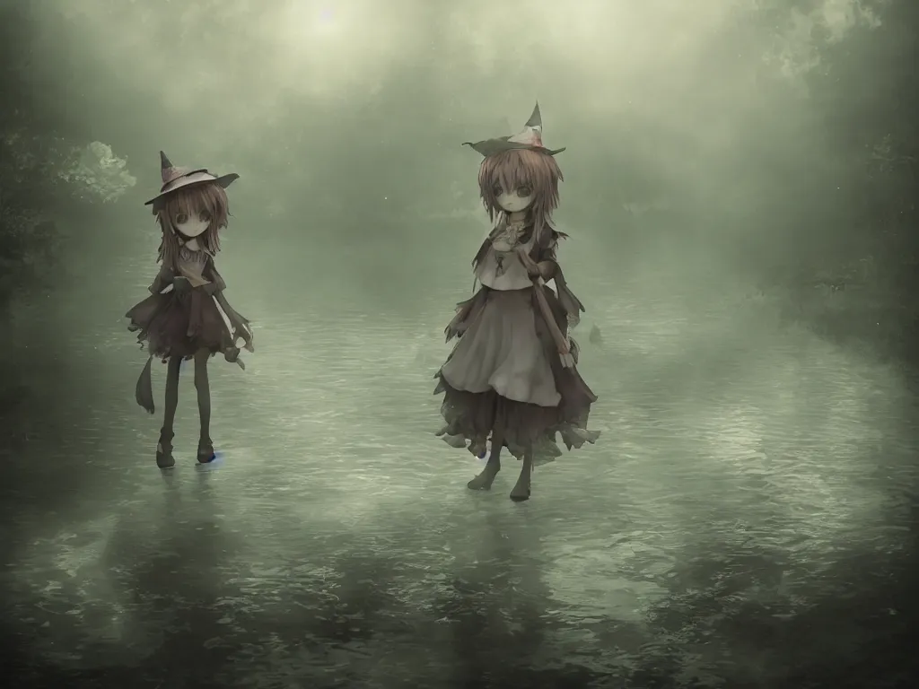 Image similar to cute fumo plush girl witch standing in reflective murky river water, gothic horror maiden in tattered cloth, volumetric fog and smoke, light shafts shining through the dusky light, moonglow, lens flare, chibi anime, vray