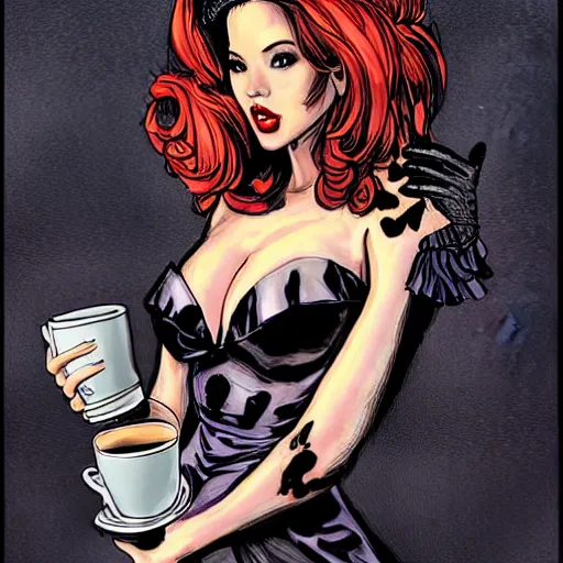 Prompt: painting in style of jim lee, very young, demon of coffee, the extremely hot and sexy, shiny black dress, long red hair, freckles, orange halo around her head, black wings, huge cup of coffee