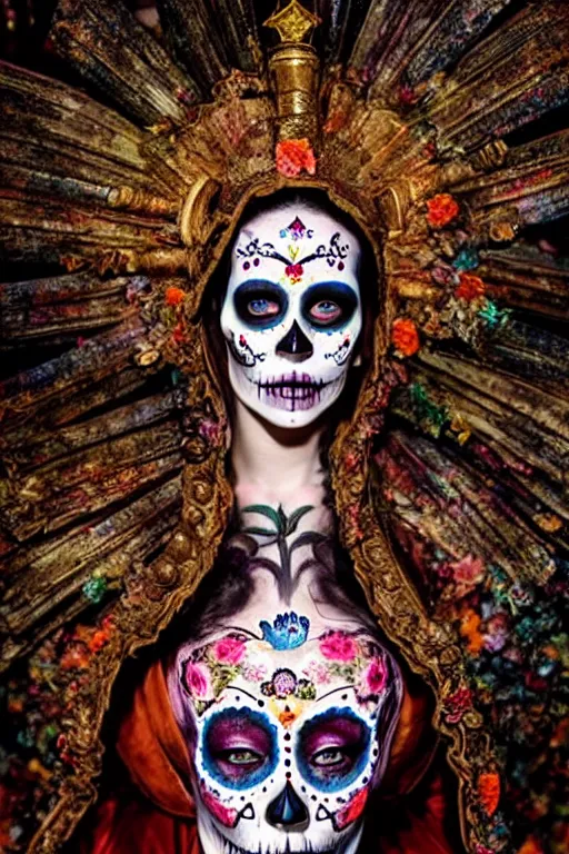 Prompt: 1 9 0 0's virgin mary dia de muertos dress and make up, horrific beautiful vibe, evocative, atmospheric lighting, painted, intricate, highly detailed, leesha hannigan, wayne haag, reyna rochin, ignacio fernandez rios, mark ryden, iris van herpen, stunning, gorgeous, sharp focus, cinematic, masterpiece