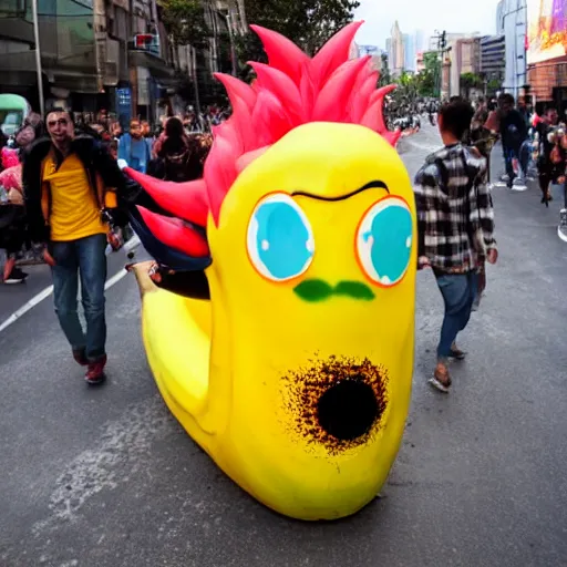 Prompt: a giant banana covered in eyeballs, scared people running