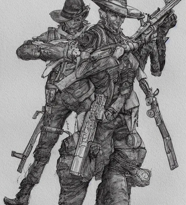 Image similar to a watercolor ink painting of an anthropomorphic bunny mercenary / gunslinger posing with their revolver - rifle in the style of jean giraud in the style of moebius trending on artstation deviantart pinterest detailed realistic hd 8 k high resolution