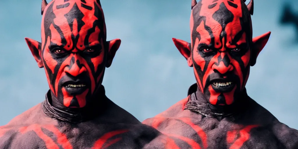 Prompt: a film still of a black man starring in a blockbuster film as darth maul from star wars, shallow depth of field, cinematic, award winning cgi, vfx, film still