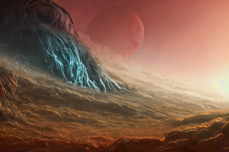 Image similar to alien jellyfish on the landscape of jupiter, artstation