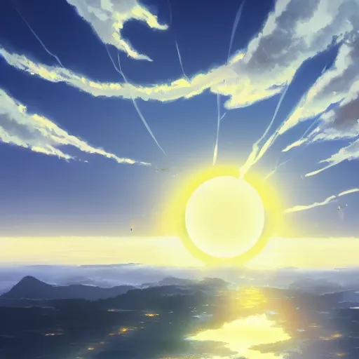 Image similar to concept art for a solar eclipse, Japan, by Makoto Shinkai, 4k, trending on artstation, trending on pixiv, dramatic lighting, village