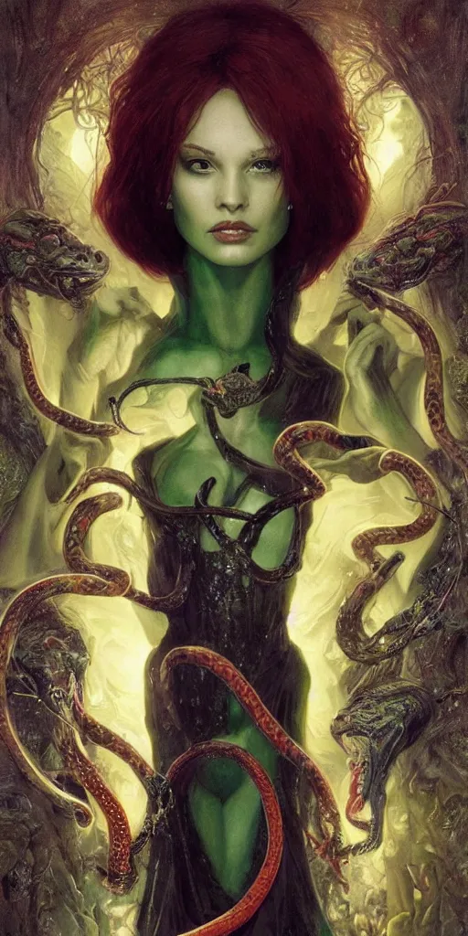 Image similar to epic masterpiece portrait of a dark redhead sorceress with a snake wand, followed by heads with many faces, beautiful face and flawless skin, perfect hands, emeralds by Edgar Maxence and Ross Tran and Michael Whelan