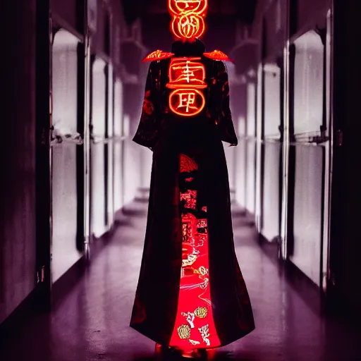 Image similar to a dark, back lit, silhouette of a mechanised cyber geisha, beautiful, detailed intricate traditional clothing, neon light halo, standing in font of a dark corridor,