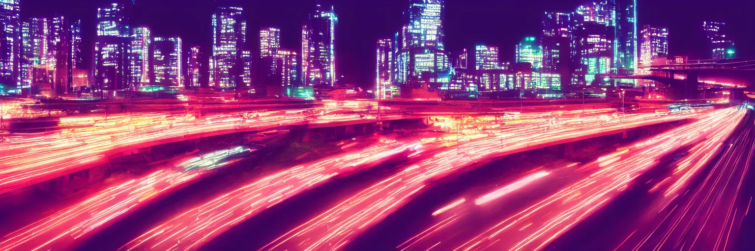 Image similar to 8 0 s neon movie still, high speed traffic by the river with city in background, slow shutter speed, medium format color photography, movie directed by kar wai wong, hyperrealistic, photorealistic, high definition, highly detailed, tehnicolor, anamorphic lens