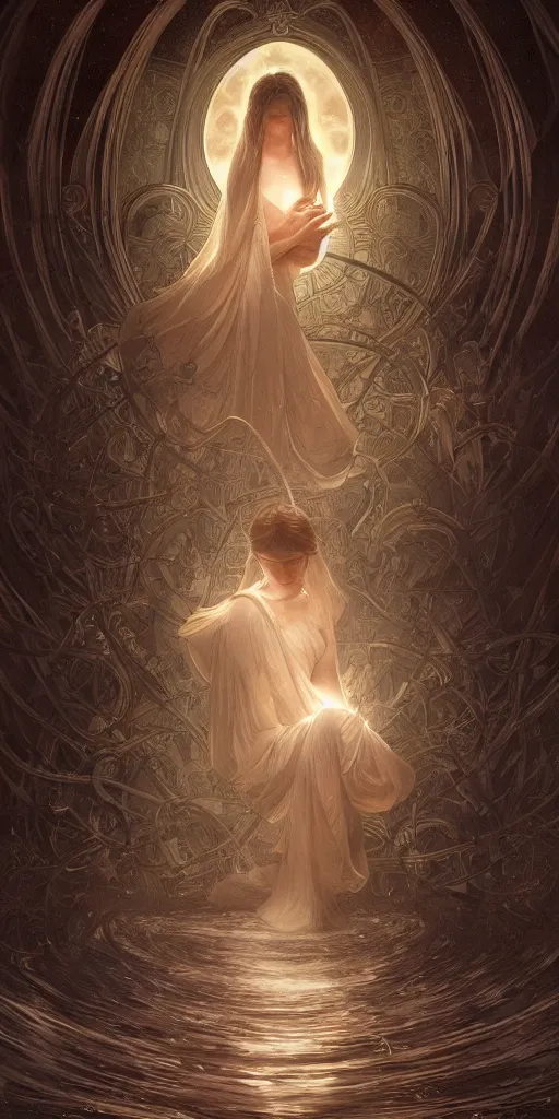 Image similar to prayer in silence, masterpiece, cinematic, powerful, moon beams dramatic light, highly, intricate elements, hollow souls, detailed, digital painting, artstation, concept art, sharp focus, contrasty, illustration, art by artgerm and greg rutkowski and alphonse mucha, mitch foust, elaborate composition, intricate story