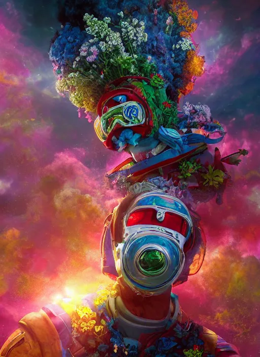 Image similar to An epic fantastic realism comic book style painting of the most beautiful flowers launched into space, bouquets, Shamanic Mask, fisheye lens, unreal 5, DAZ, hyperrealistic, octane render, dynamic lighting