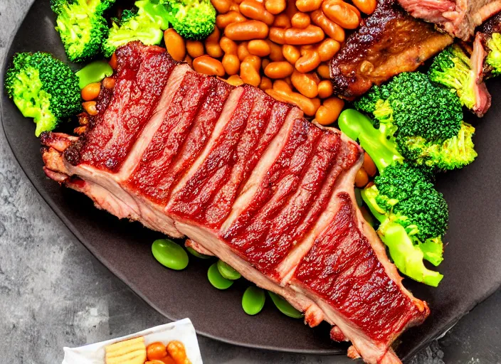 Prompt: dslr food photograph of a rack of ribs with a side of broccoli and baked beans of candy, 8 5 mm f 1. 8