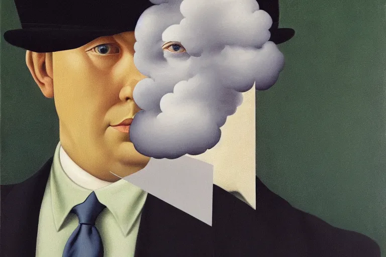 Image similar to portrait of man in a suit that has clouds instead of head by rene magritte, detailed painting, hd, hq, high resolution, high detail, 4 k, 8 k