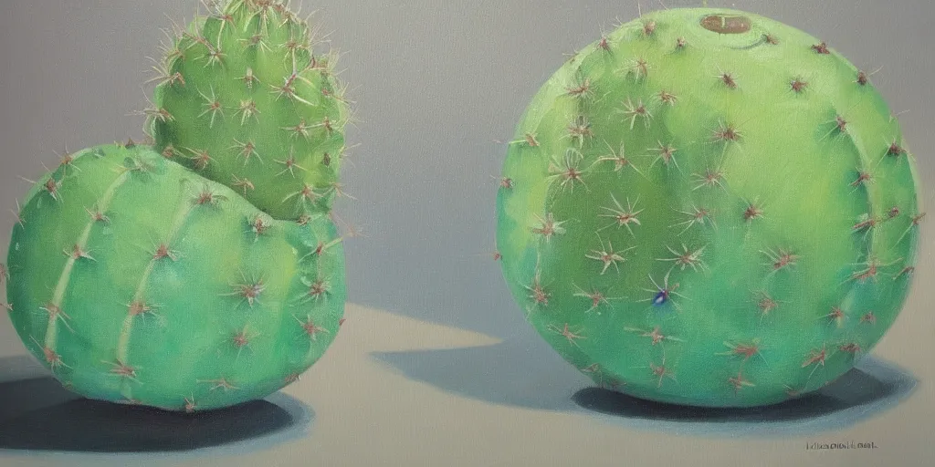 Image similar to soap bubble with a cactus inside it, oil painting