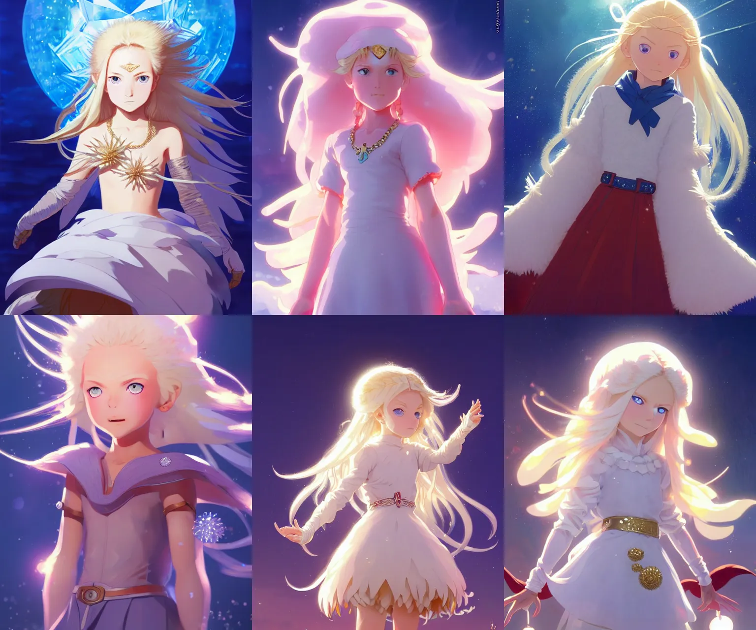 Prompt: young female urchin holding mystical chaos diamonds, long blonde hair and blue eyes, white puffy outfit, detailed perfect face, exquisite details, sacred golden magic, mid view, design on a dark crimson background, by studio muti, greg rutkowski makoto shinkai takashi takeuchi studio ghibli