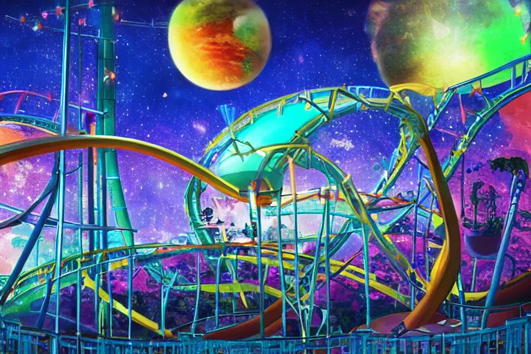 Prompt: planet with giant rollercoaster around, in space, colorful lights, plants, by magic the gathering