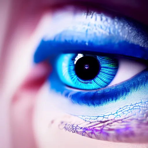 Image similar to macro photography of a hyper realistic stunning woman cyberpunk blue eye. black pupil, blue iris, natural skin no make up. studio shot, epic scale, insanely complex, hyper detailed, sharp focus, hyper realism, artstation, cgsociety, 8 k, unreal engine 5