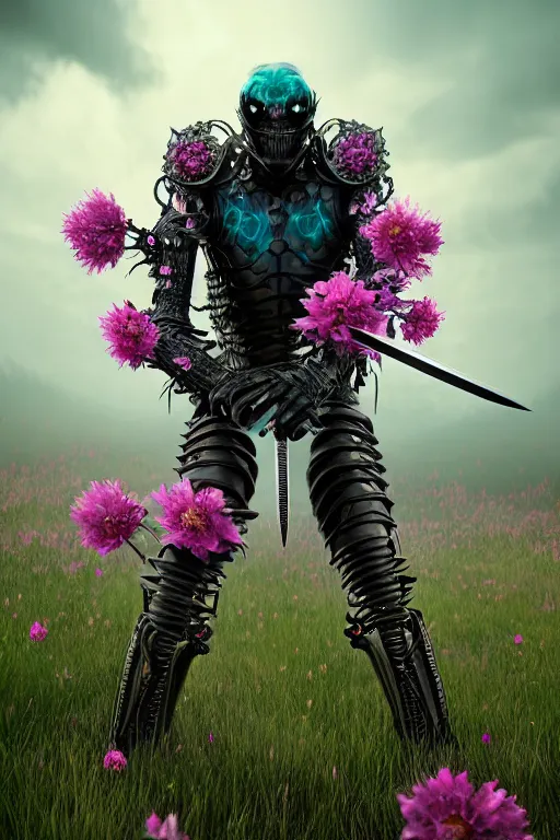 Image similar to hyperrealistic neo - gothic human monster hybrid, exoskeleton armor, fighting with katana, field of pink flowers, highly detailed digital art masterpiece, vitaly bulgarov dramatic dark teal light, ground angle hd 8 k, sharp focus