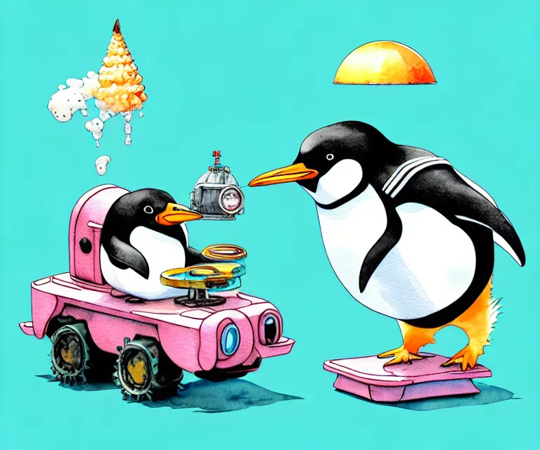 Prompt: cute and funny, penguin riding in a tiny tank with large cannon, ratfink style by ed roth, centered award winning watercolor pen illustration, isometric illustration by chihiro iwasaki, edited by range murata, tiny details by artgerm and watercolor girl, symmetrically isometrically centered, sharply focused