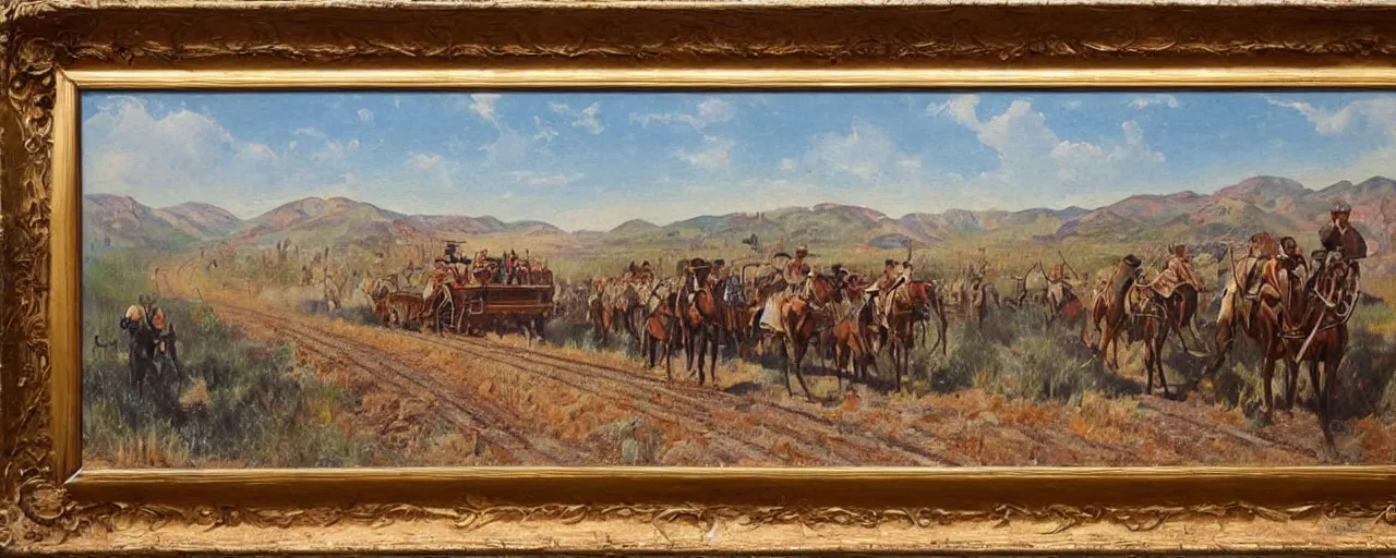 Image similar to western expansion painting, manifest destiny, USA, turn of the century, railroad