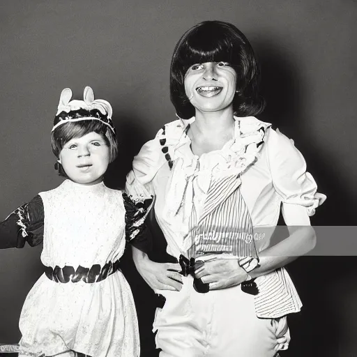 Image similar to a vintage 1 9 7 0 s photograph of a mother and her son posing in fancy dress. this is a professional photograph taken in a photographer's studio.