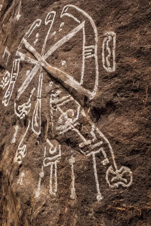 Image similar to 4 k photography of petroglyphs representing crosses, sauwastica, wifi symbol on a cave