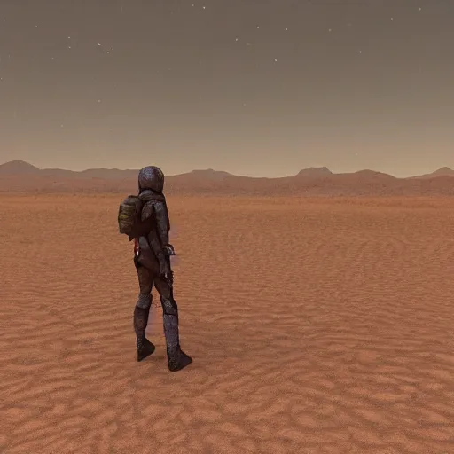 Image similar to the last man standing is on a desert planet waiting for rescue