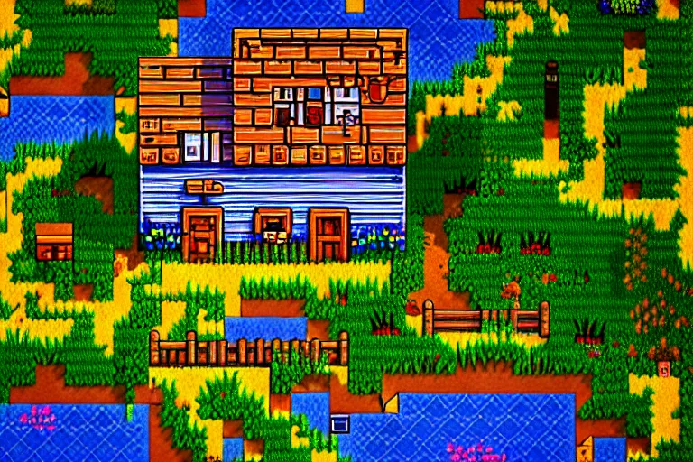Prompt: view of a cottage above an azure lake, beautiful detailed pixelart by albertov in the style of stardew valley, intricate details, beautiful, dithered, gradients, volumetric lighting, cgsociety, artstation, 2 d