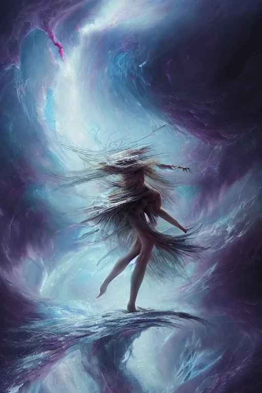 Image similar to a fractal dancer in a tornado emerges from a stormy sea by artgem and greg rutkowski, highly detailed, vivid colors, trippy, nebula, trending on artstation