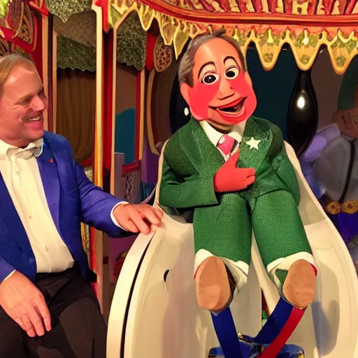 Image similar to a six year old child puppet in a wheelchair in the its a small world ride in real life that looks exactly like greg abbott the governor of texas, highly detailed, high definition, ultra realistic