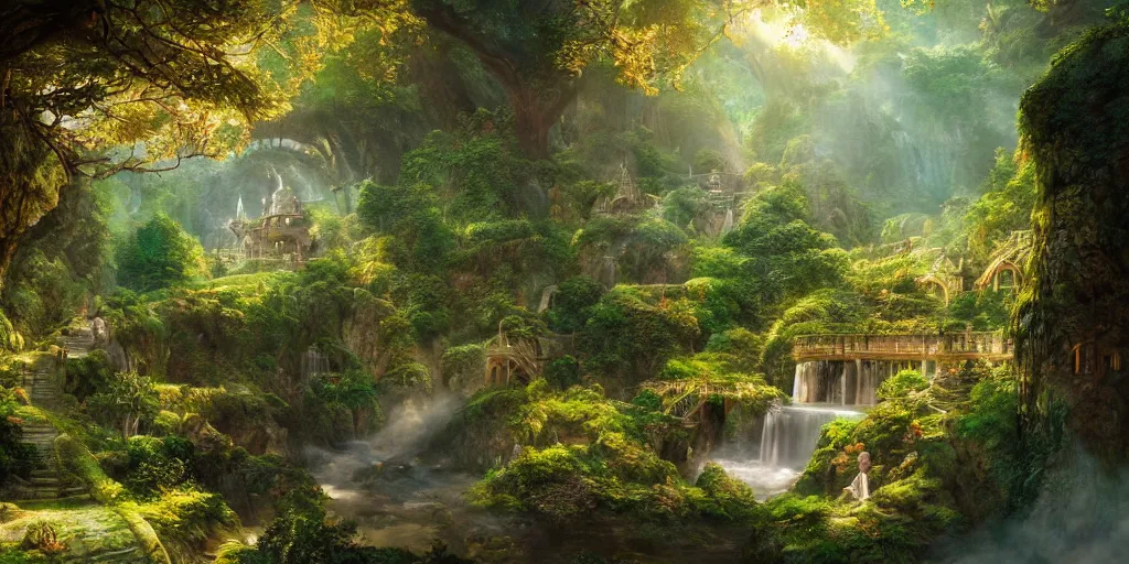 Image similar to lush and beautiful concept art for rivendell, lord of the rings, peter jackson, studio ghibli, detailed, realistic lighting, volumetric lighting, golden hour,