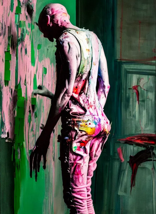 Image similar to an insane, skinny, artist wearing dirty, torn overalls, expressive painting the walls inside a grand messy studio, depth of field, hauntingly surreal, highly detailed painting by francis bacon, edward hopper, adrian ghenie, glenn brown, soft light 4 k in pink, green and blue colour palette, cinematic composition, masterpiece