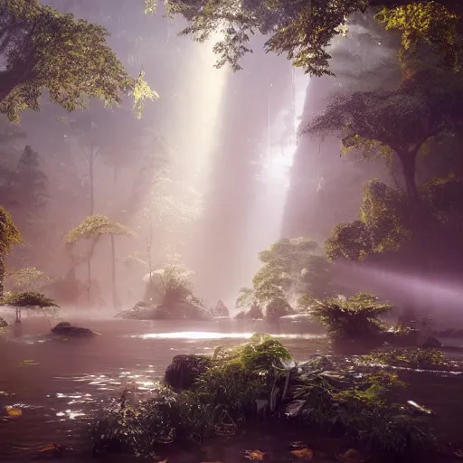 Prompt: Loving romantic drawing of a deep rain forest, light rays from the tree tops, small river on the ground, many avatars, hypermaximalistic, high details, cinematic, 8k resolution, beautiful detailed, insanely intricate details, artstation trending, octane render, unreal engine